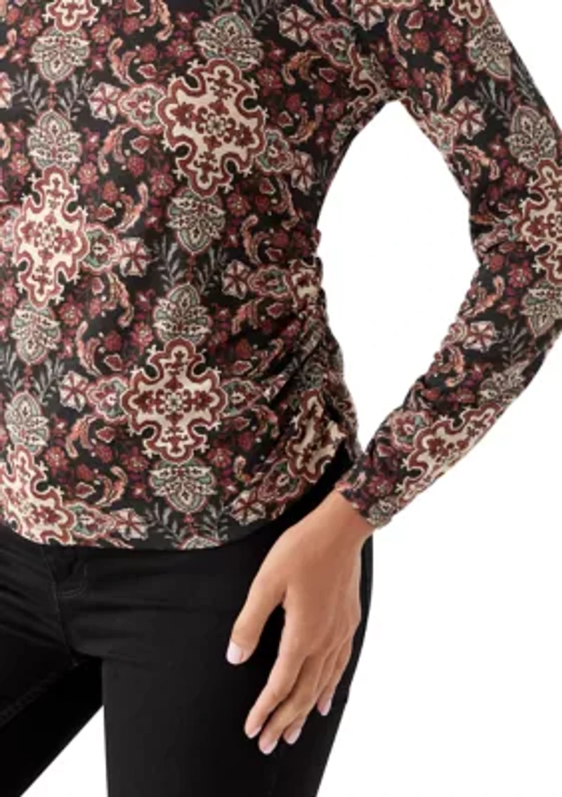 Women's Long Sleeve Ruched Print Top