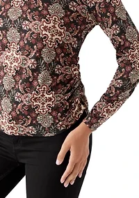 Women's Long Sleeve Ruched Print Top