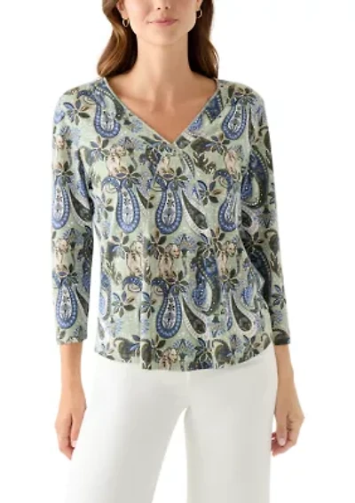 Women's 3/4 Sleeve Paisley Printed Top