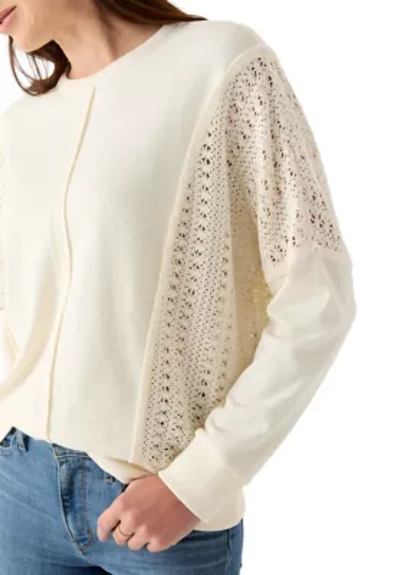 Women's Long Sleeve Crochet Mixed Sweatshirt