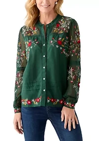 Women's Embroidered Button Front Blouse