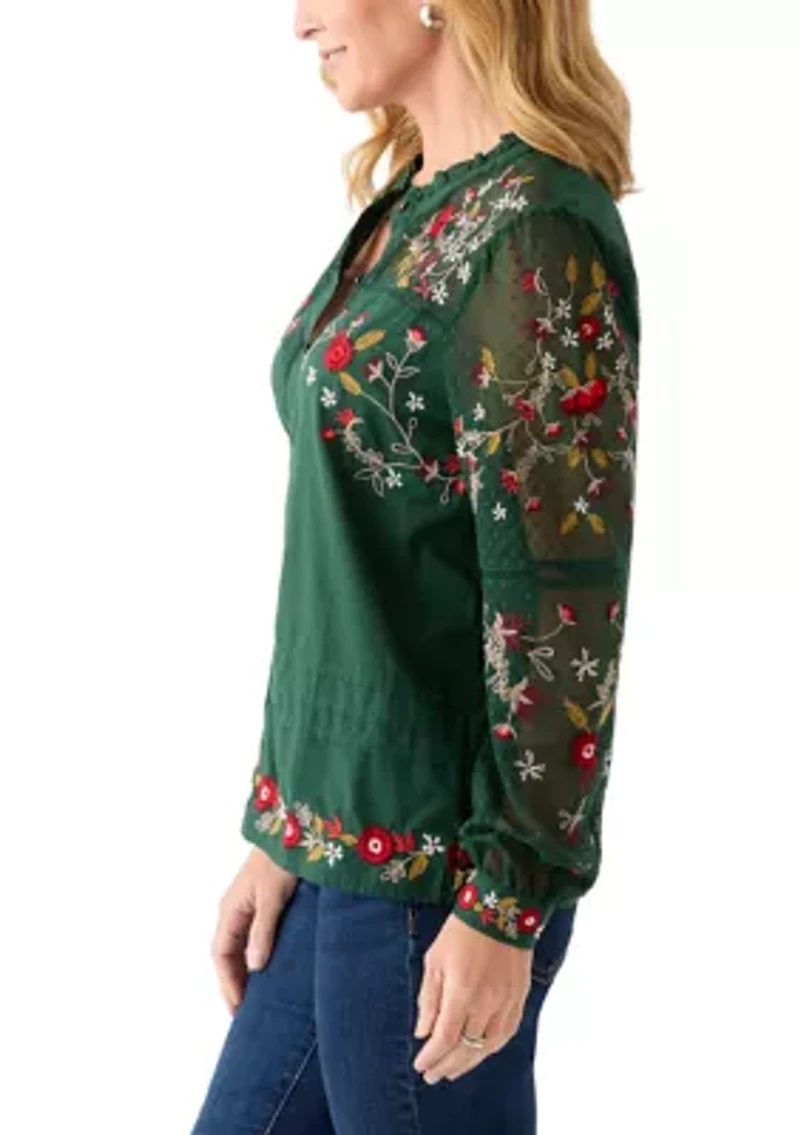 Women's Embroidered Button Front Blouse