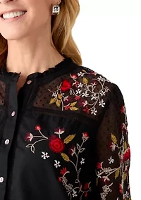 Women's Embroidered Button Front Blouse