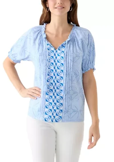Women's Short Sleeve Pintuck Printed Peasant Top