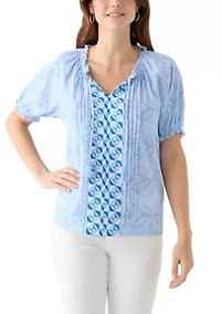 Women's Short Sleeve Pintuck Printed Peasant Top