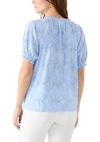 Women's Short Sleeve Pintuck Printed Peasant Top