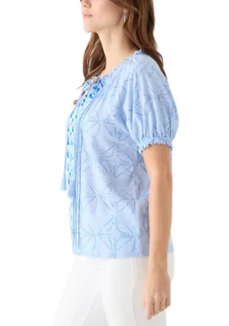 Women's Short Sleeve Pintuck Printed Peasant Top