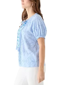 Women's Short Sleeve Pintuck Printed Peasant Top