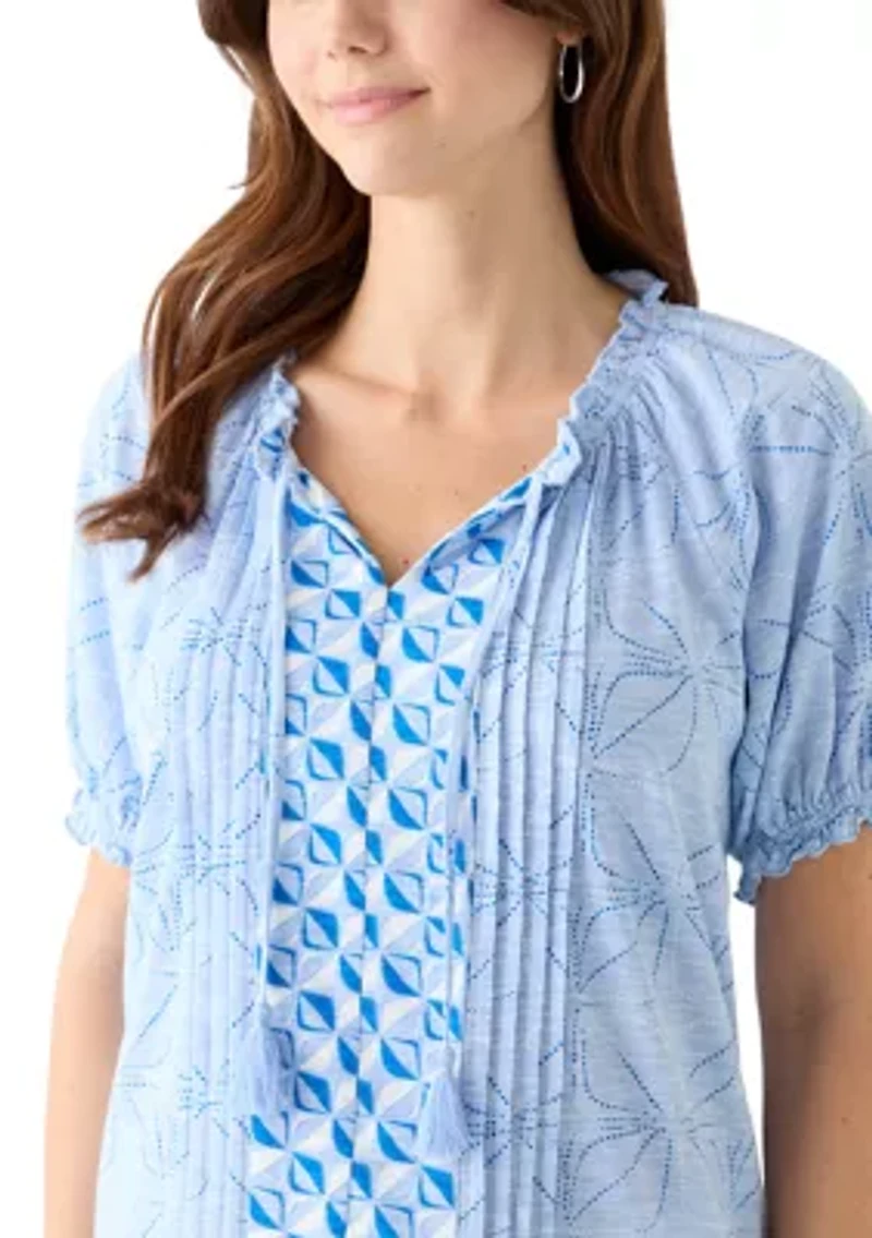 Women's Short Sleeve Pintuck Printed Peasant Top