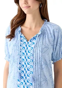 Women's Short Sleeve Pintuck Printed Peasant Top