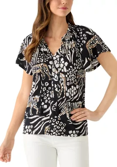 Women's Notch Neck Print Tied Top