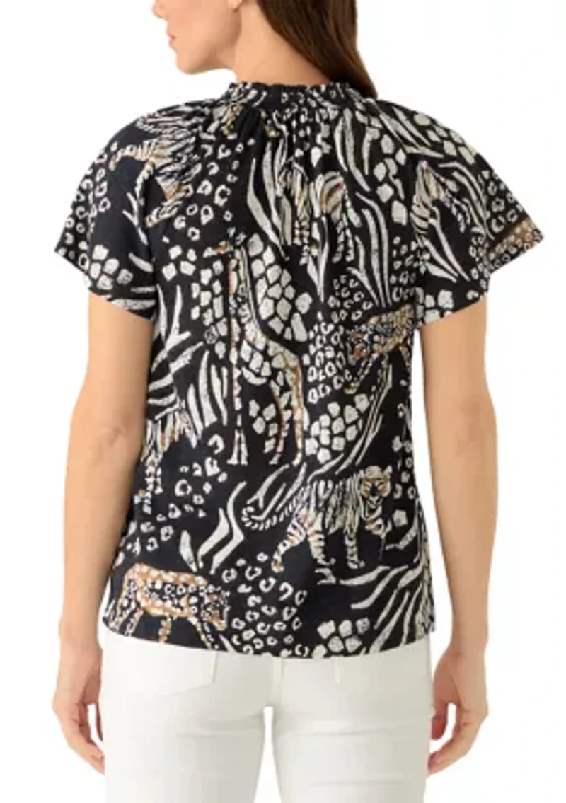 Women's Notch Neck Print Tied Top