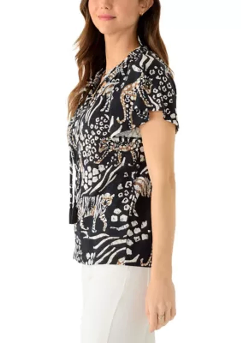 Women's Notch Neck Print Tied Top
