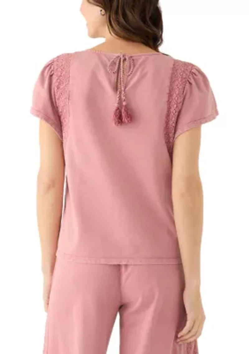 Women's Short Flutter Sleeve Crochet Top