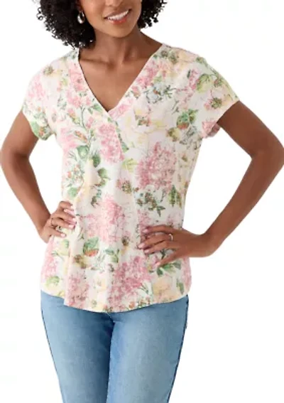 Women's Short Sleeve V-Neck Tee with Printed Neck Detail