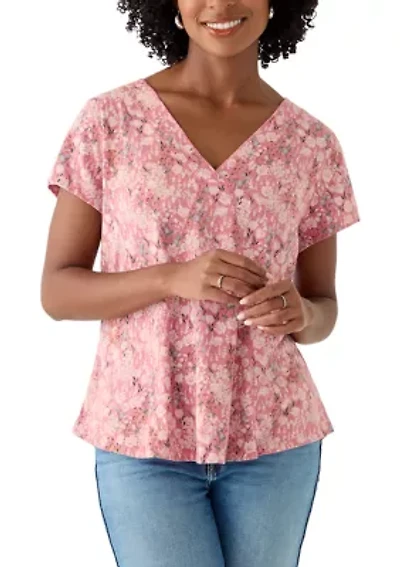 Women's Short Sleeve V-Neck Tee with Printed Neck Detail