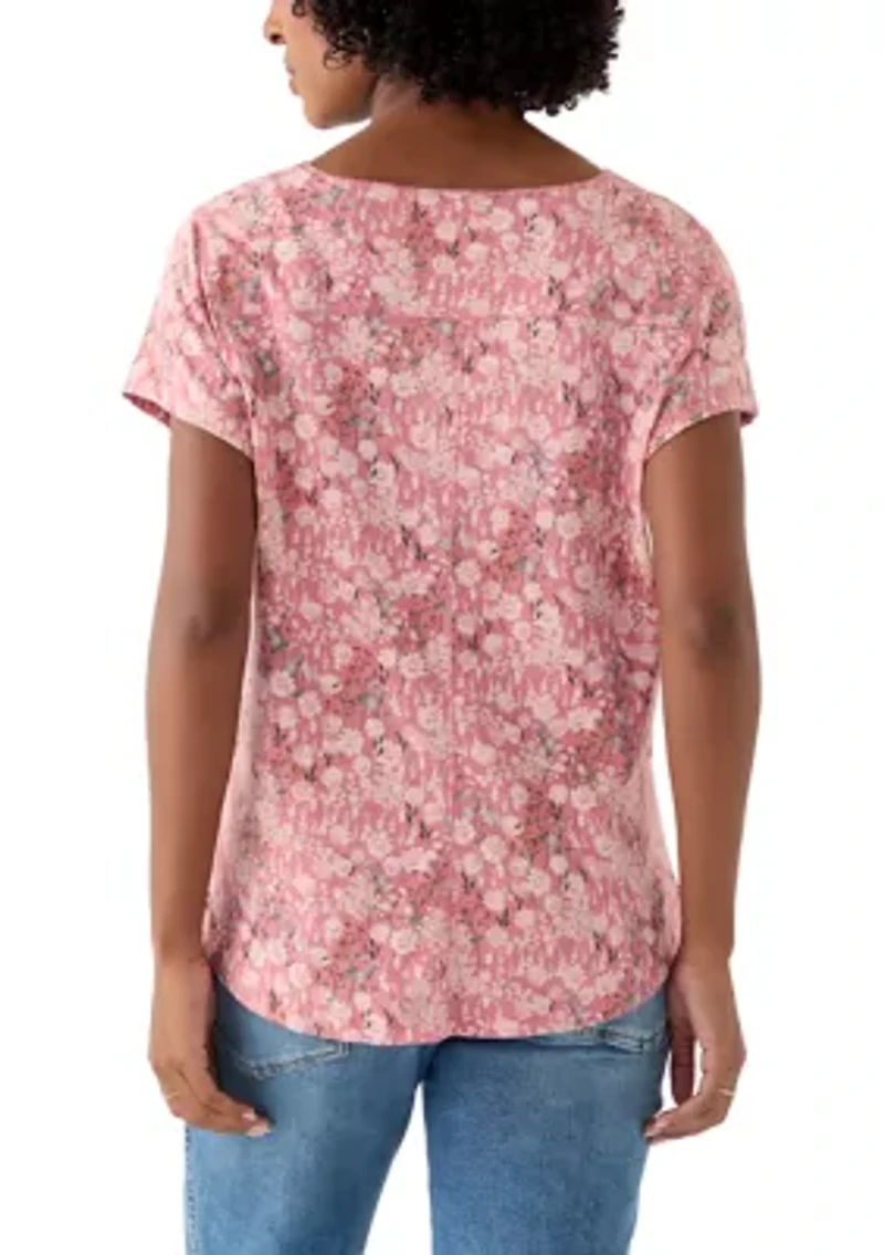 Women's Short Sleeve V-Neck Tee with Printed Neck Detail