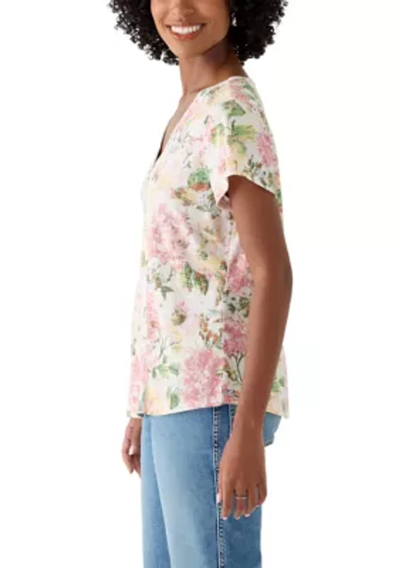 Women's Short Sleeve V-Neck Tee with Printed Neck Detail