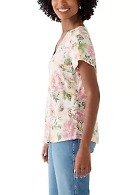 Women's Short Sleeve V-Neck Tee with Printed Neck Detail