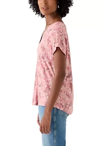Women's Short Sleeve V-Neck Tee with Printed Neck Detail