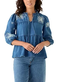 Women's Short Puff Sleeve Embellished Tier Top