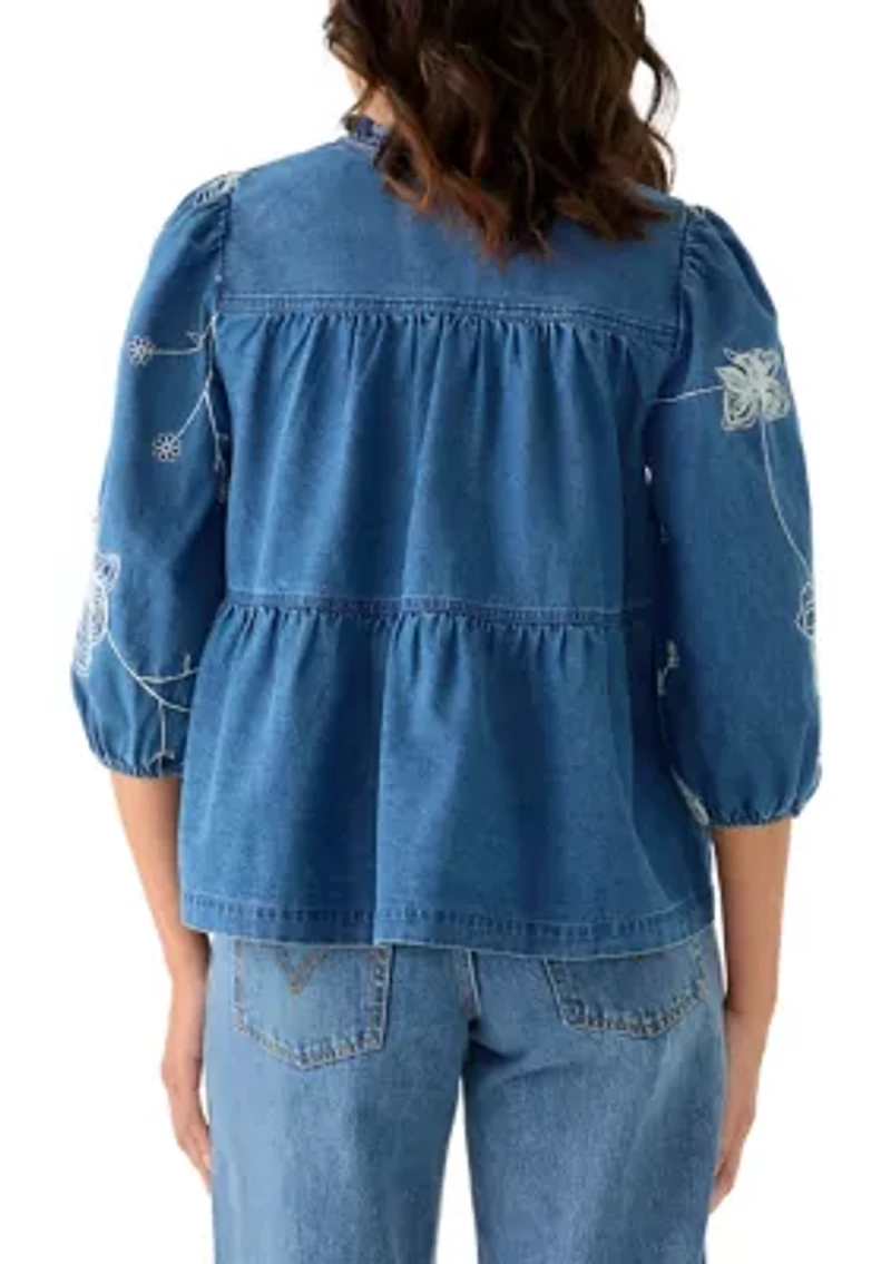 Women's Short Puff Sleeve Embellished Tier Top