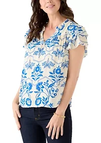 Women's Short Sleeve V-Neck Flutter Printed Top