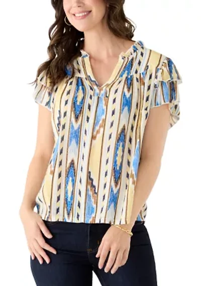Women's Short Sleeve V-Neck Flutter Printed Top