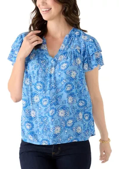 Women's Short Sleeve V-Neck Flutter Printed Top