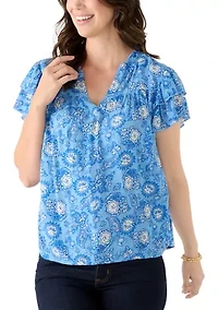 Women's Short Sleeve V-Neck Flutter Printed Top