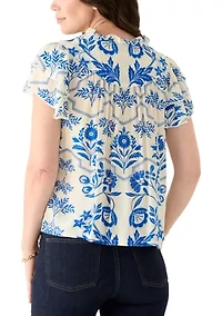 Women's Short Sleeve V-Neck Flutter Printed Top