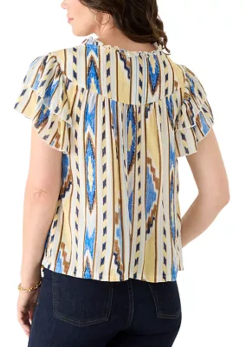 Women's Short Sleeve V-Neck Flutter Printed Top