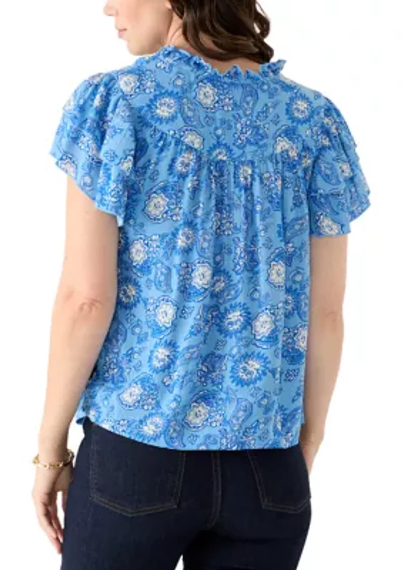 Women's Short Sleeve V-Neck Flutter Printed Top