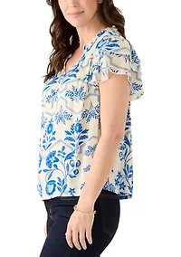 Women's Short Sleeve V-Neck Flutter Printed Top
