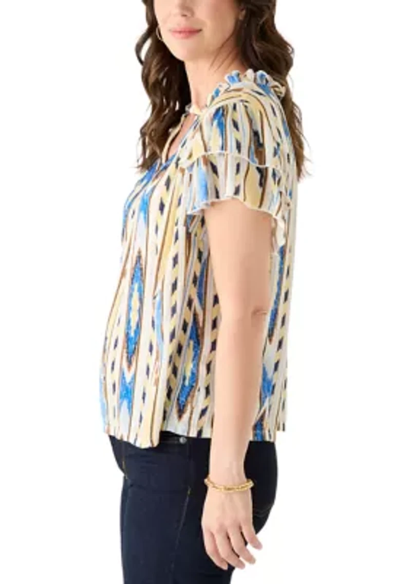 Women's Short Sleeve V-Neck Flutter Printed Top