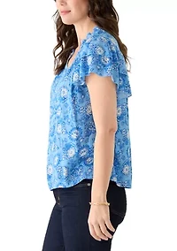 Women's Short Sleeve V-Neck Flutter Printed Top