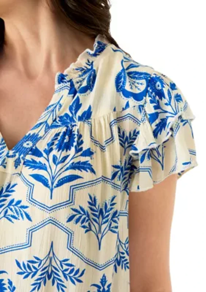 Women's Short Sleeve V-Neck Flutter Printed Top