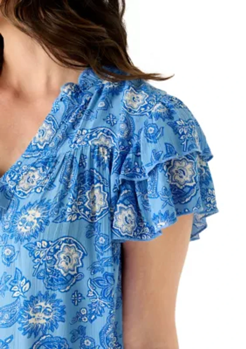 Women's Short Sleeve V-Neck Flutter Printed Top