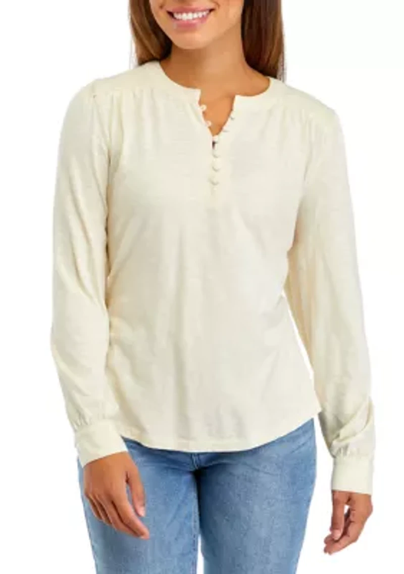 Petite Smocked Henley Blouse