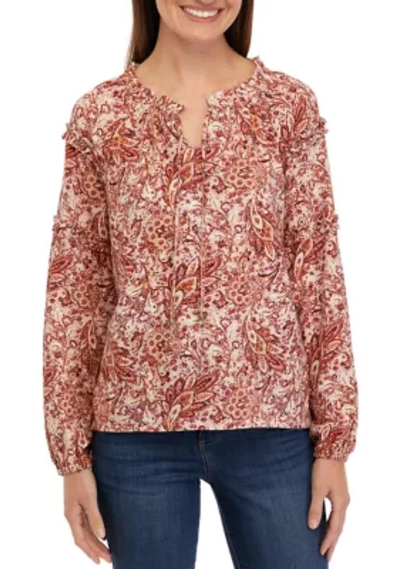 Petite Ruffle Sleeve Printed Peasant Top