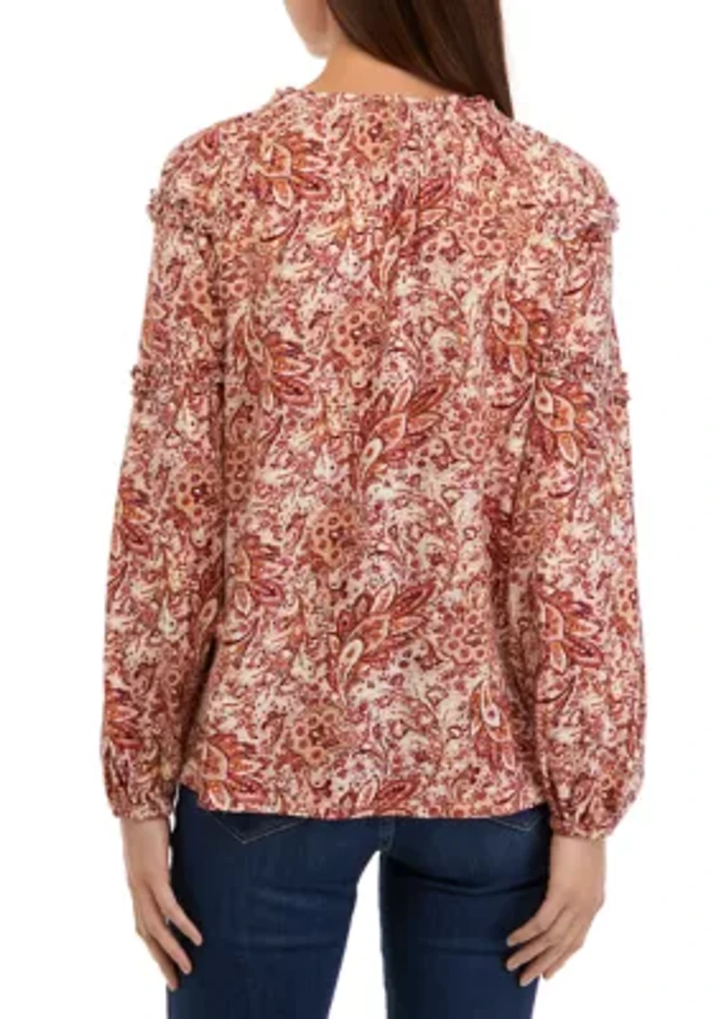 Petite Ruffle Sleeve Printed Peasant Top