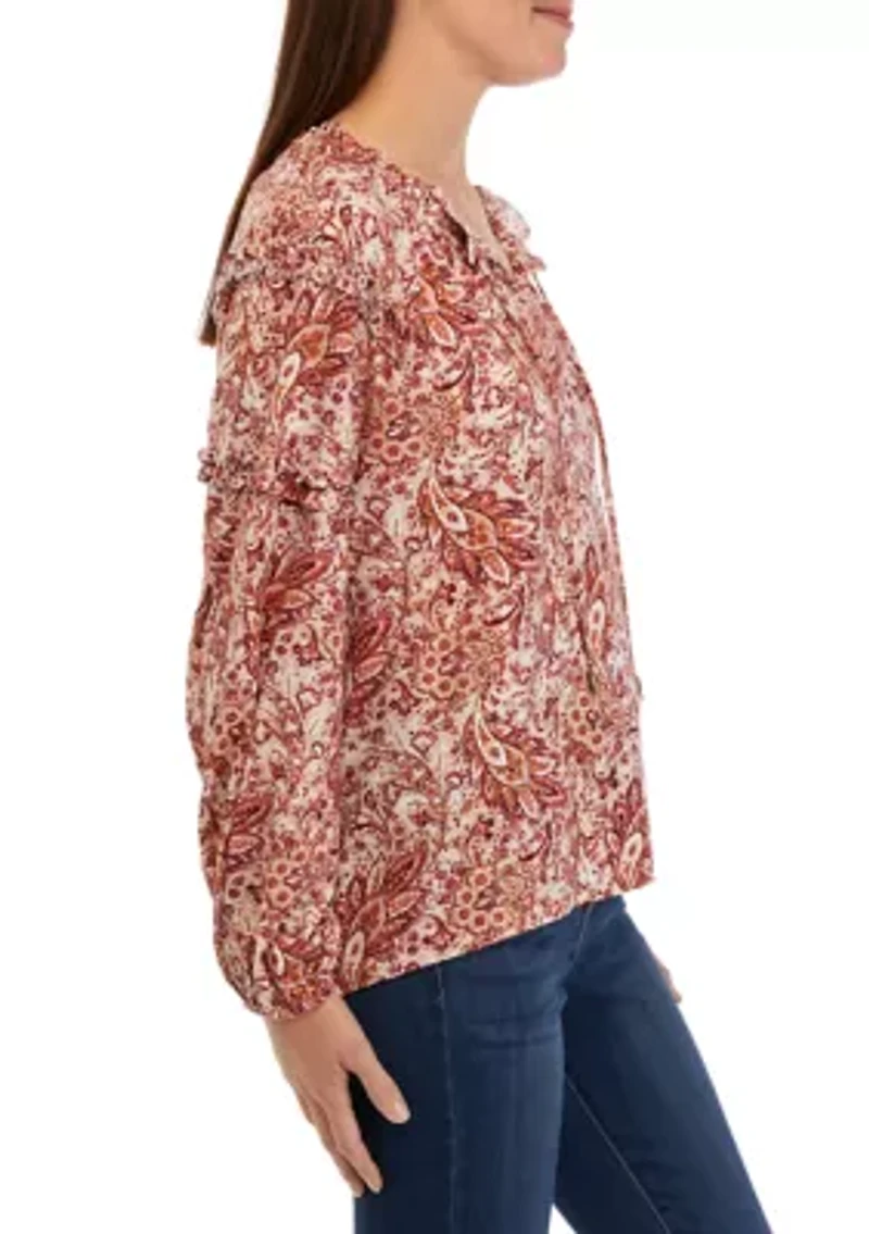 Petite Ruffle Sleeve Printed Peasant Top