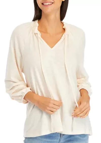 Petite Smocked Neck Peasant Heavyweight Top