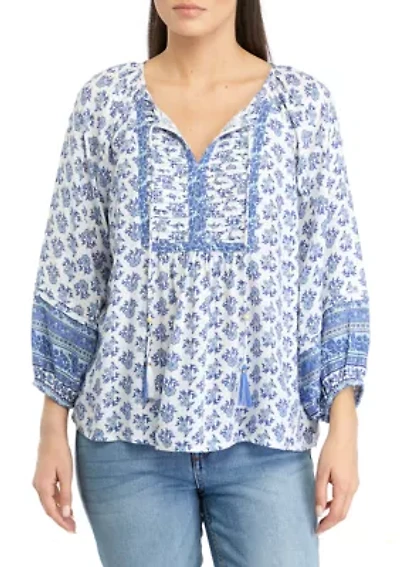 Petite 3/4 Sleeve Shine Pintuck Peasant Top