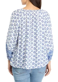 Petite 3/4 Sleeve Shine Pintuck Peasant Top