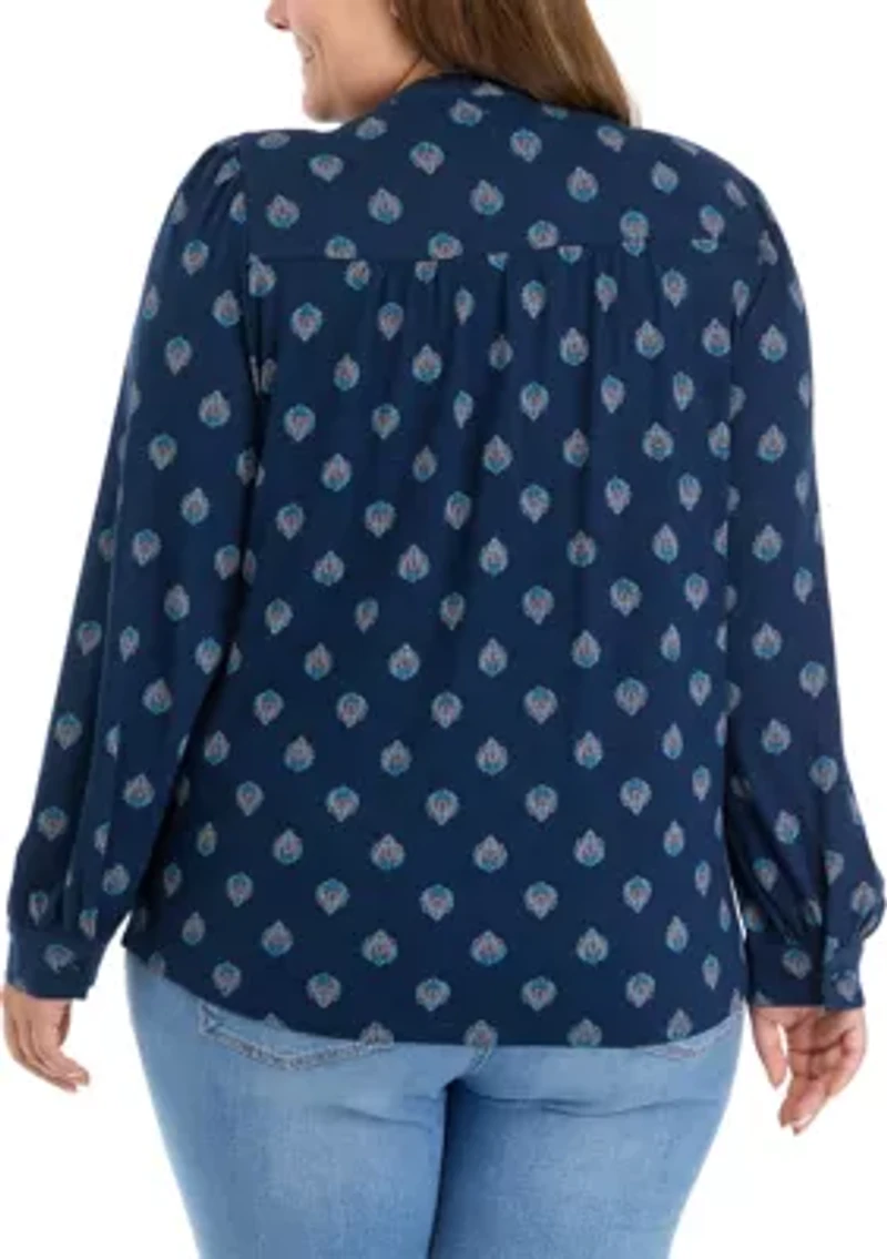 Plus Blouson Sleeve Smocked Henley Shirt