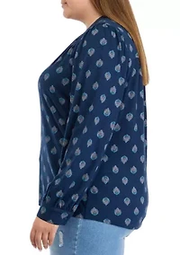 Plus Blouson Sleeve Smocked Henley Shirt