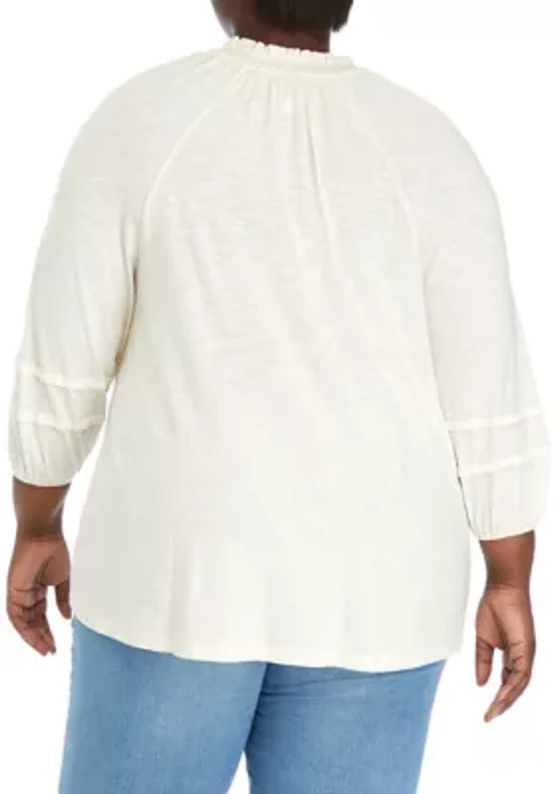 Plus Smocked Neck Peasant Heavyweight Top