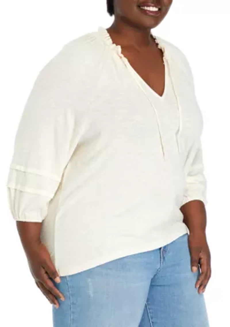Plus Smocked Neck Peasant Heavyweight Top