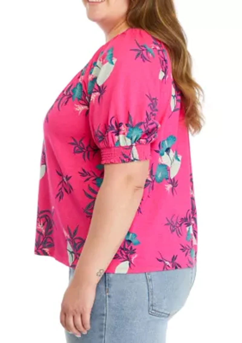 Plus Printed Button Front Blouse